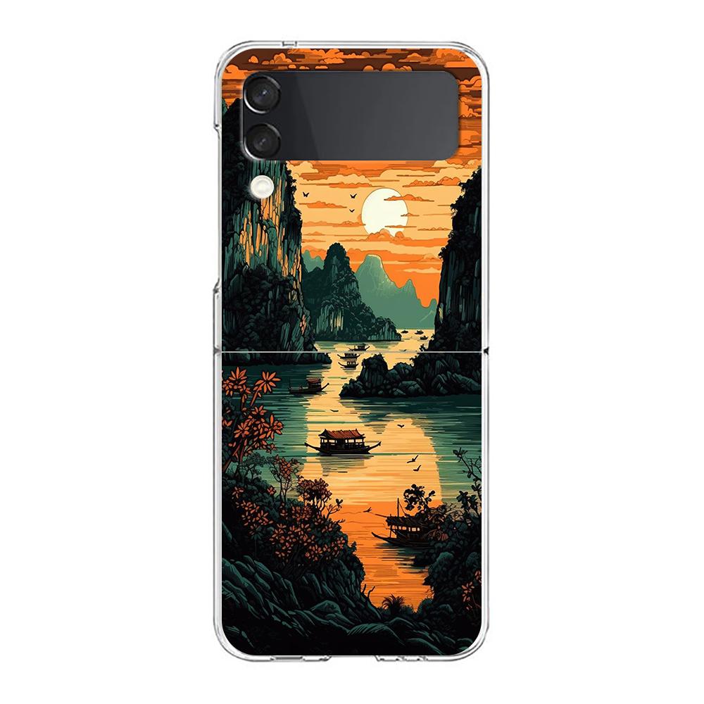 Phone Cover For Samsung Galaxy Z Flip 6 5 4 Case Transparent For Samsung Z Flip 3 Hard PC Foldable Shell Mountain Forest Capas
