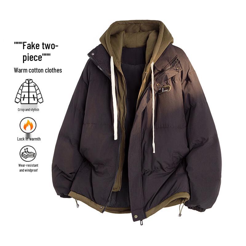 MEDE Men s Casual Faux Two-Piece Hooded Winter Padded Jacket L
