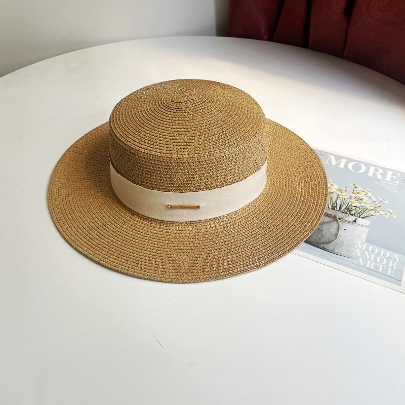 Luxury Elegant Women Summer Straw Hat Flat Top Boater Cap Folds Silk Pearl Decor Hand Weave Wide Brim Sun Hat Panama Fedora