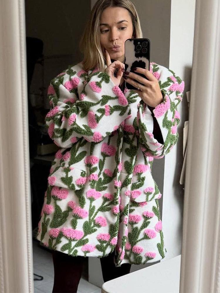 Women's Floral Patterned Jacket Women's Granular Velvet Jacket Ladies' Oversized Suit 2026