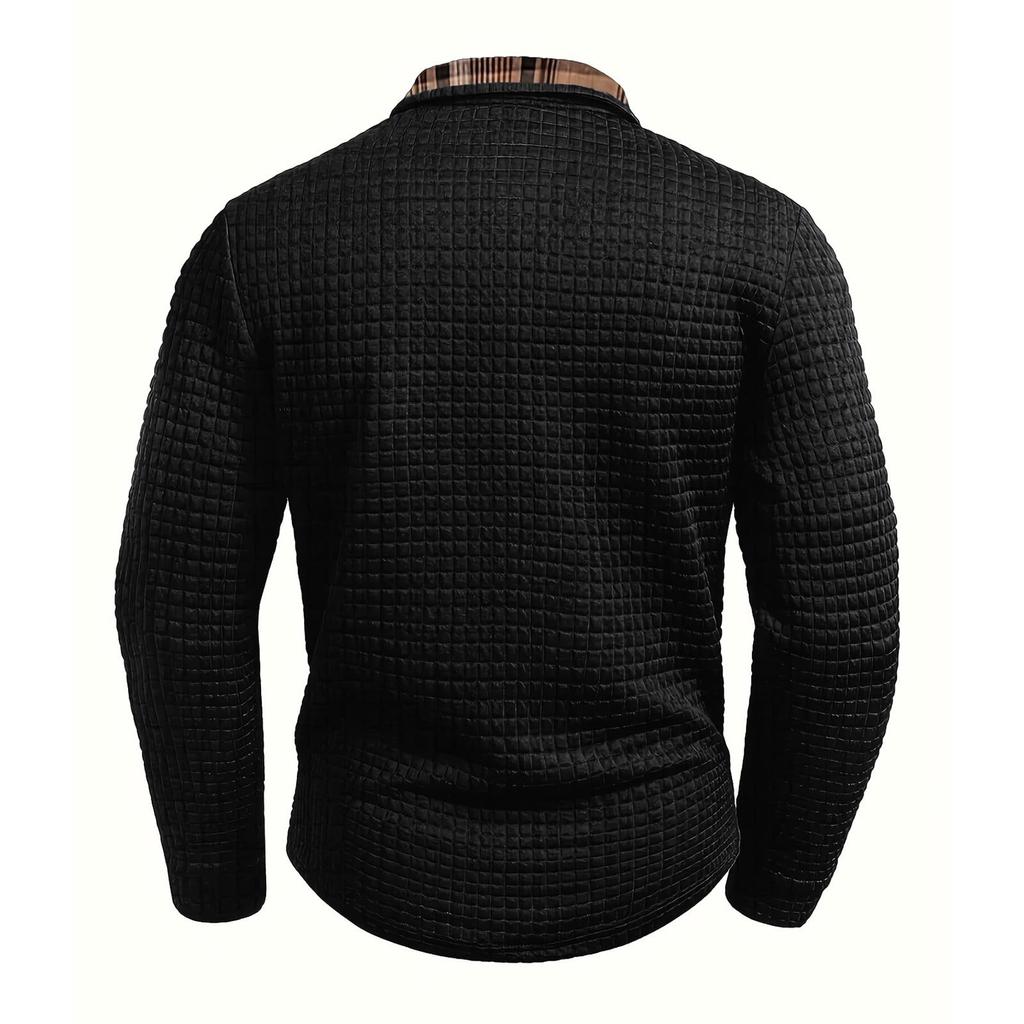 Men's Casual Color Checkered Patchwork Pocket, Lapel, Long Sleeved Sport