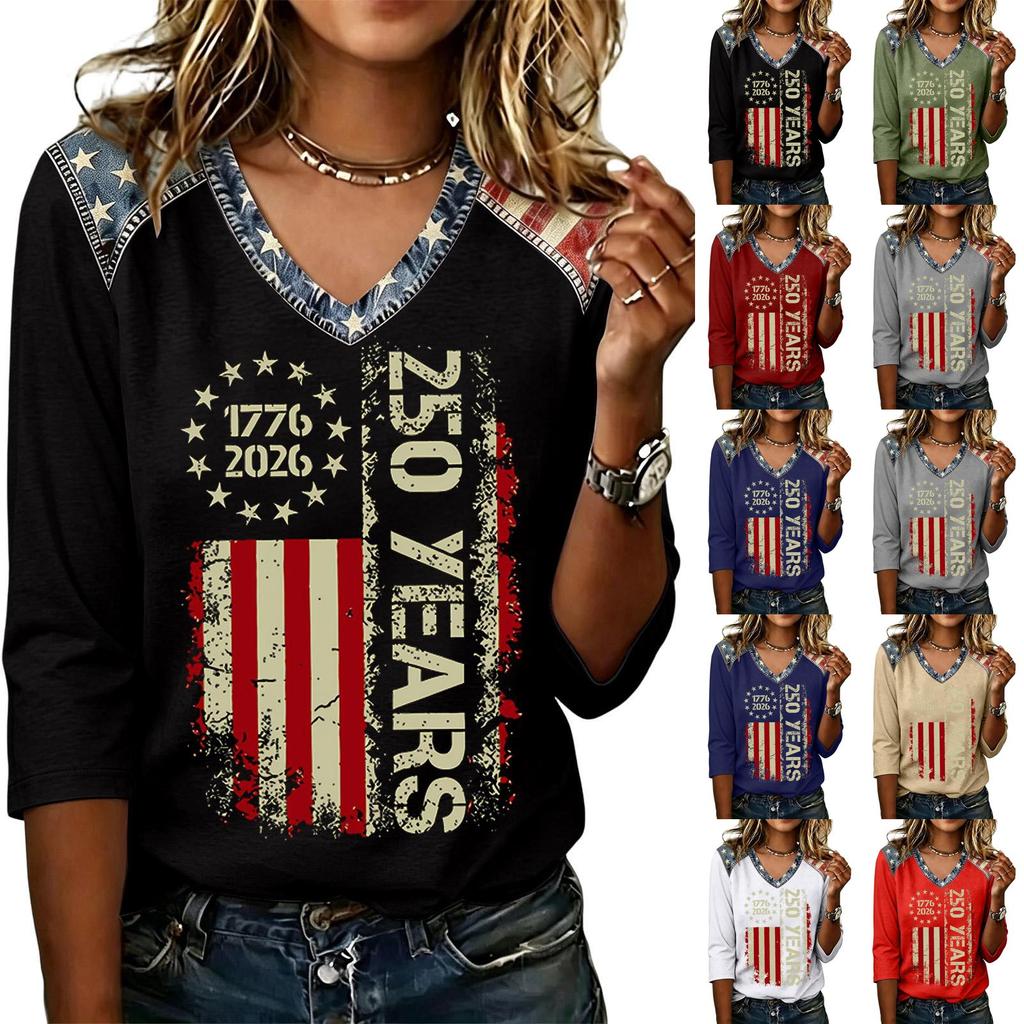 Womens Casual V Neck Top 250 Years 1776 2026 Printed Loose Fit Shirt Half Sleeve Patriotic Graphic Tee Comfortable Pullover