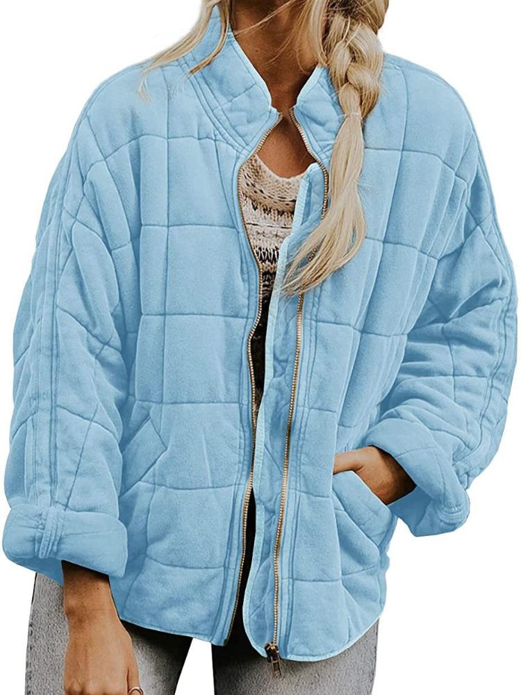 Women's Quilted Zip-Up Jacket with Square Stitch Design, Loose Fit, Multiple Color Options