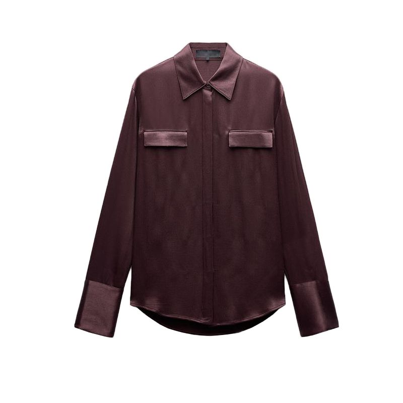 Fall and Winter New Women's Clothing Fashion Air Outlet Pocket Decoration Silk Satin Texture Lapel Long Sleeve Shirt Tops 8987213