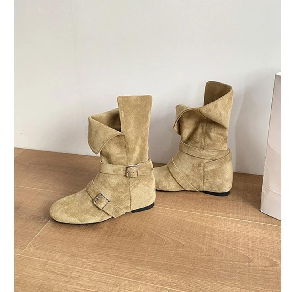 Seoul Inspired Round Toe Motorcycle Boots Women Metal Bule Velvet Surface Knight Sle Mid-Calf Flat Heel Booties Hight Top Shoes