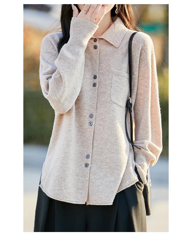 Women's Pure Wool Knit Cardigan Jacket - Spring/Autumn 2025 POLO Collar, Korean Style, Slimming, Loose Fit, Button-Up Sweater