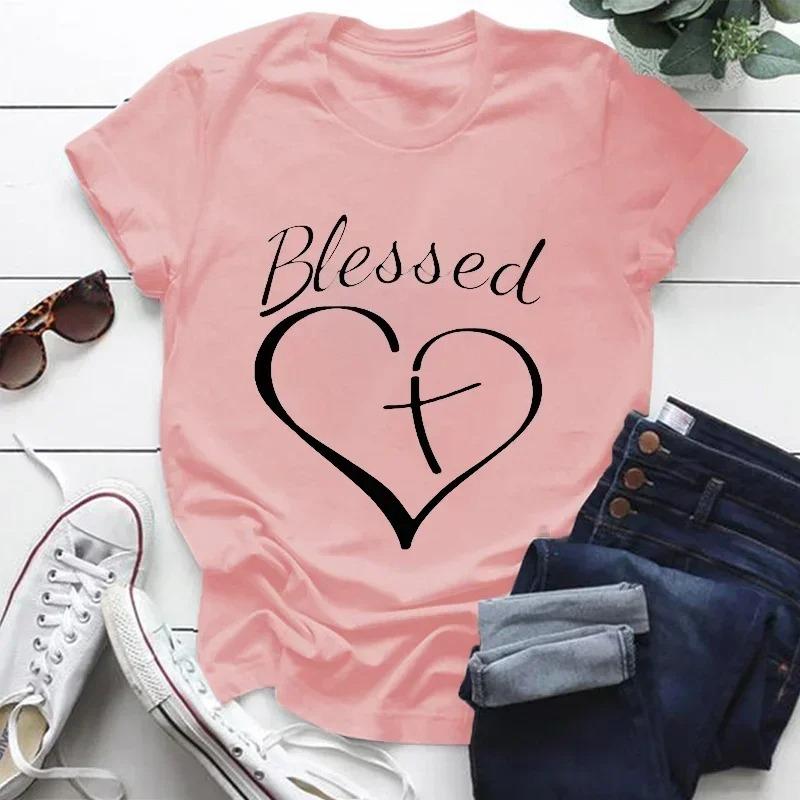 Fashionable and simple love printed pattern Womens Tshirt versatile top casual round neck short sleeved Tshirt S