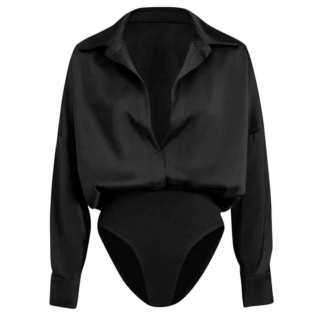 Women's Fashionable Oversized Two-Piece Button-Up Shirt Long-Sleeve Jumpsuit