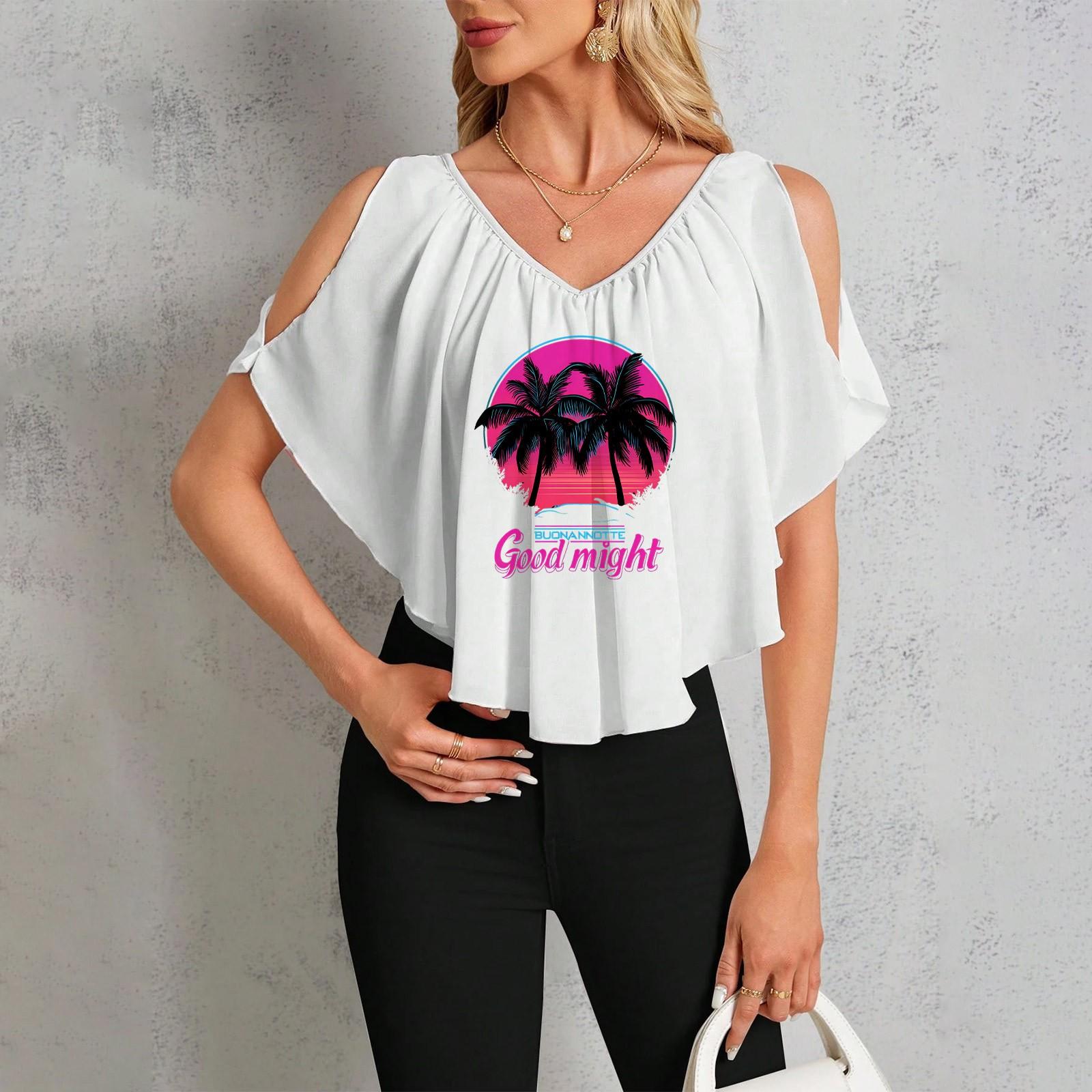 Women s Casual V-Neck Off-Shoulder Hawaiian Print T-Shirt M