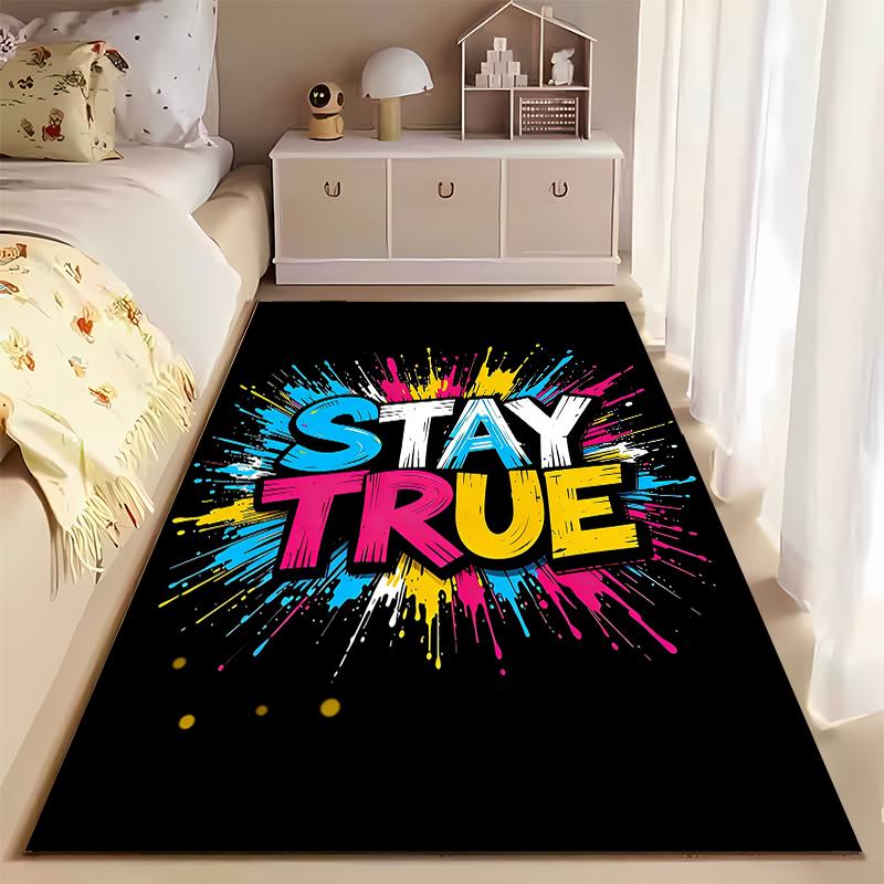 Colorful "Stay True" Graffiti Art Carpet, Black Background, Modern Style Suitable for Use As an Anti-slip for Living Room Bedroom Sofas