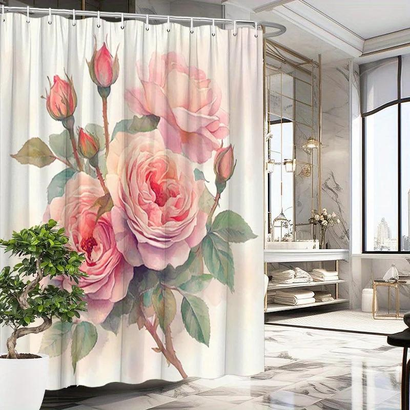 Elegant Pink Rose Shower Curtain - Soft Watercolor Flowers & Green Leaves, Romantic Bathroom Decor W90xH180cm