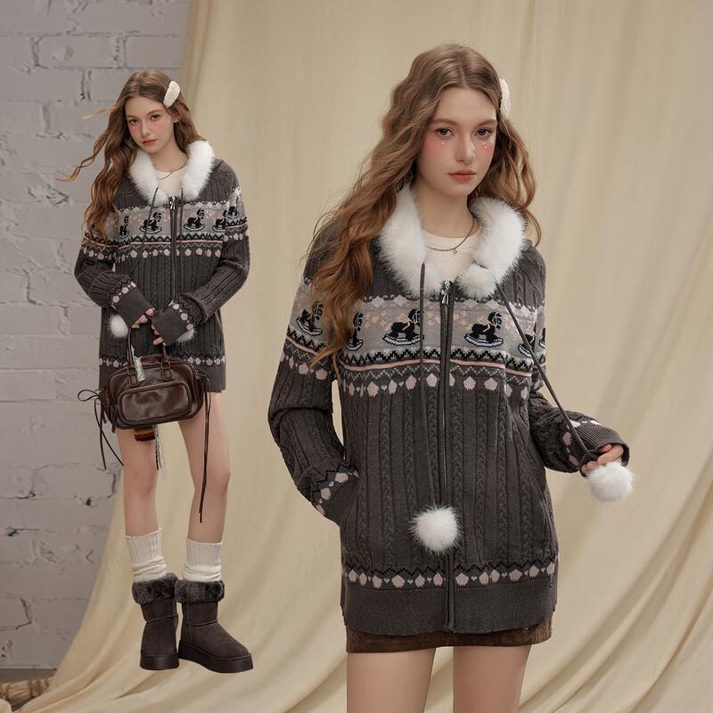 UNIFREE Retro Fair Isle Jacquard Hooded Sweater with Faux Fur Collar