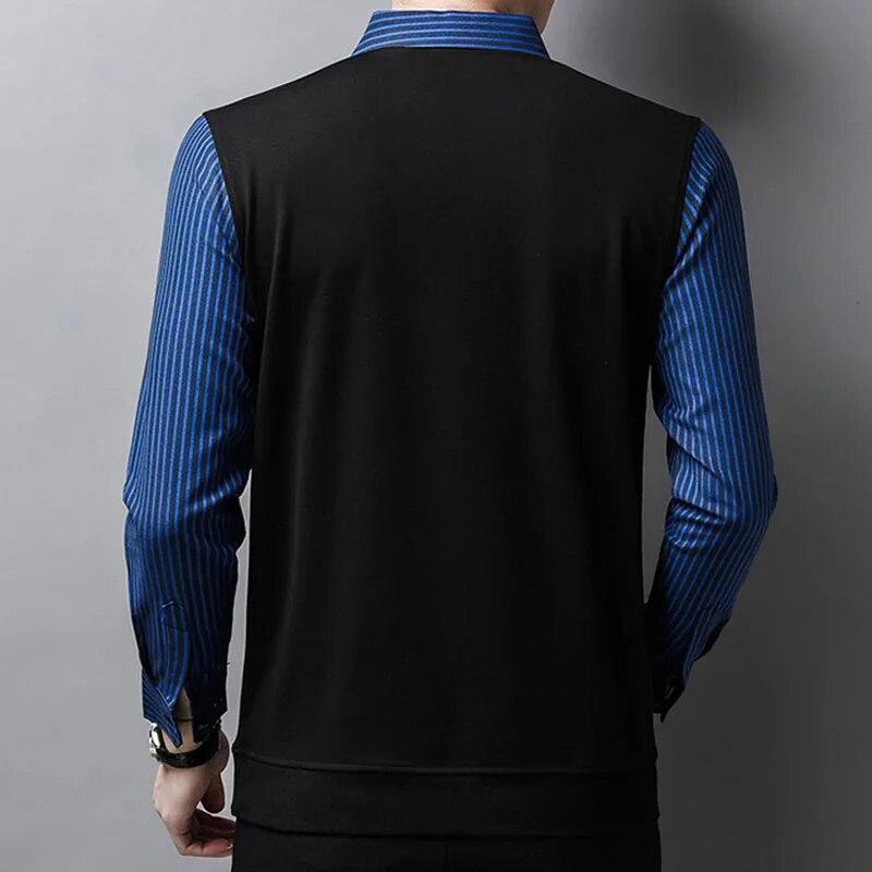 Polo da uomo casual da lavoro, finte due pezzi, con giunture, primavera, autunno, abbigliamento casual maschile, tendenza, camicie a righe a maniche lunghe