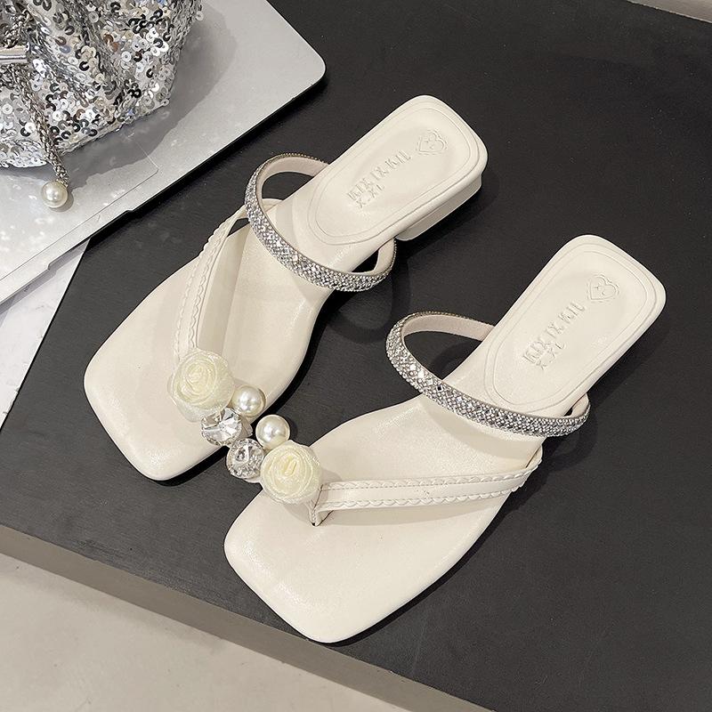 Open-toed Thick Middle-heeled Sandals for Women's Summer Wear 2025 New High-end Rose Toe Rhinestones with Slippers