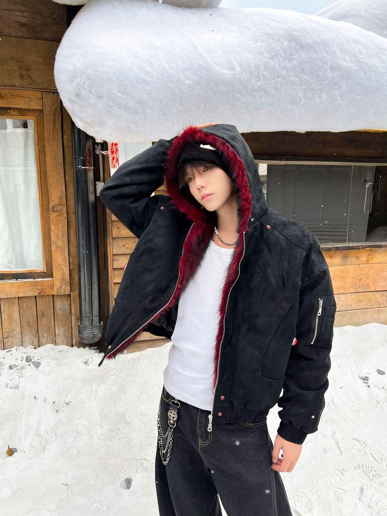 Men's Heavyweight Red Fur Collar Retro PU Leather Cotton Jacket - Plus Velvet Thick Warm Outerwear
