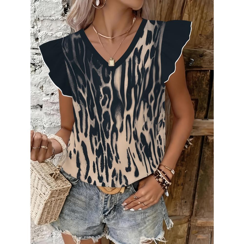 Leopard Print Fabric High-Quality Women S Full Print V-Neck Top S