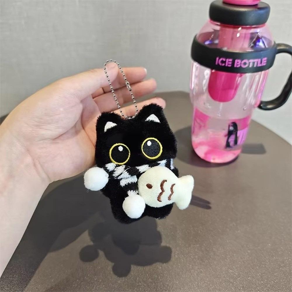 Fish Plush Cat Doll Keychain Bib Kawaii Cat Keychain New Black Cat Plush Doll Keychain  Kawaii Gift A-Chain