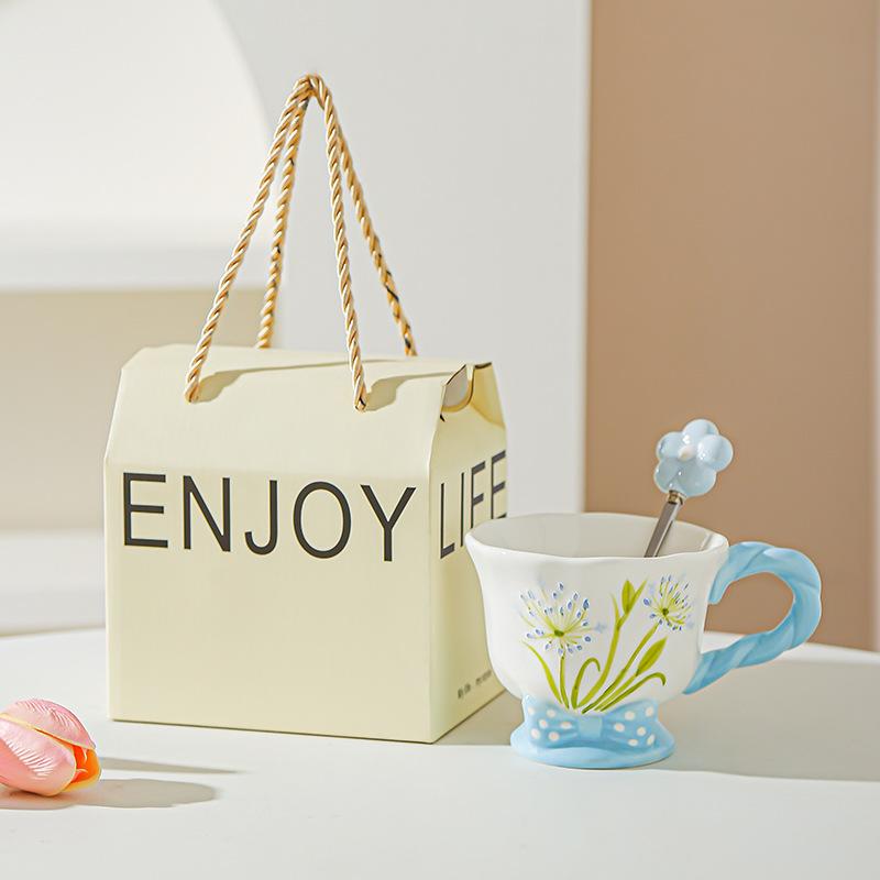 Tulip Ceramic Cup Hand Painted Relief High Looking Coffee Cup Mug Girl Heart Home Water Cup Souvenir