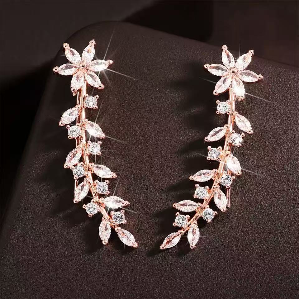 Fashion Rhinestone Flower Ear Hooks for Women Sweet Simple Design Earrings