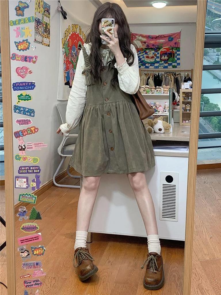 LAVASEON Overall Skirt Sweet Long Sleeve Lace and Pleated Mori Girl Perfect for Korean and School Festivals Women's 2-Piece Set, Mass-Produced Dress,
