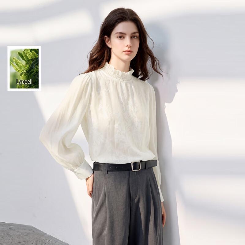 Sancai Women s Lyocell Blend Stand-Collar Long-Sleeve Shirt M