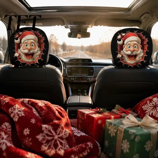Funny Holiday Car Interior Styling 2Pcs Santa Headrest Covers, Christmas Printed Pillow Cases, Universal Fit Festive Travel Decorations for