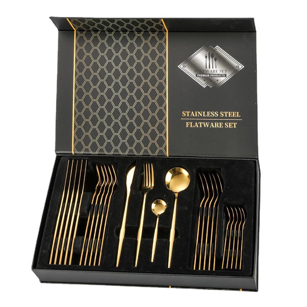 24pcs Gold Dinnerware Set Stainless Steel Tableware Set Knife Fork Spoon Luxury Cutlery Set Kitchen Flatware Dishwasher Safe