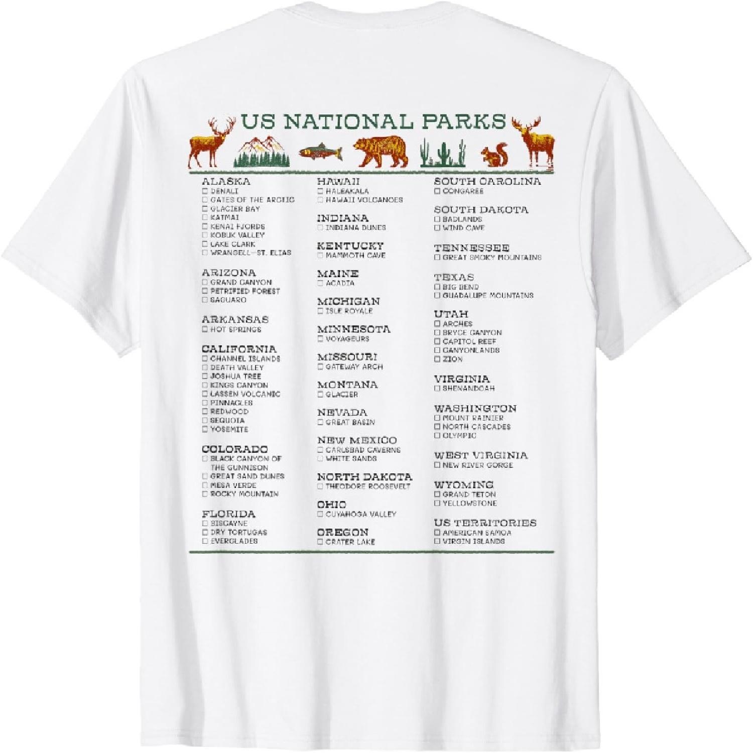 

US National Parks Checklist List by State DESIGN ON BACK T-Shirt XXXXXL