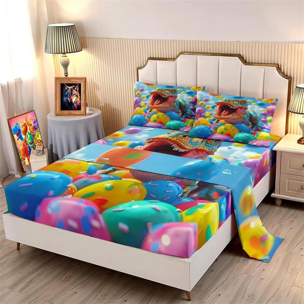 Cartoon Little Dinosaur Pattern Bed Hat Four-Piece Bedding Set Bedroom Dormitory Bedding Decoration