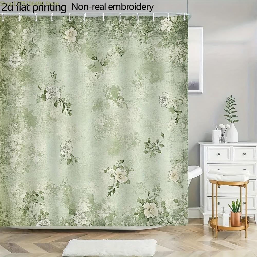 1pc 71x71 Inch Distressed Floral Shower Curtain - Sage Green & Cream Polyester, Machine Washable Bathroom Decor with Grommets,