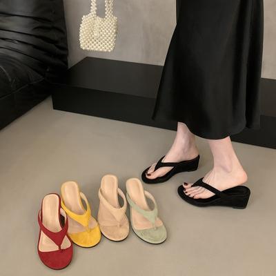 Wedge Heel Flip-flop Shoes Women's Shoes Outer Wear 2025 Summer Temperament Red with Skirt Sandals High Heels Sandals