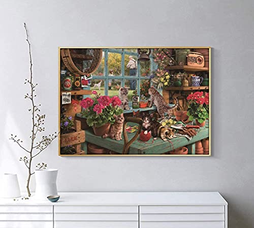 CHengQiSM 1000-Piece Jigsaw Puzzle: Cats Playing by the Window, Stylish Interior Design (70x50cm)