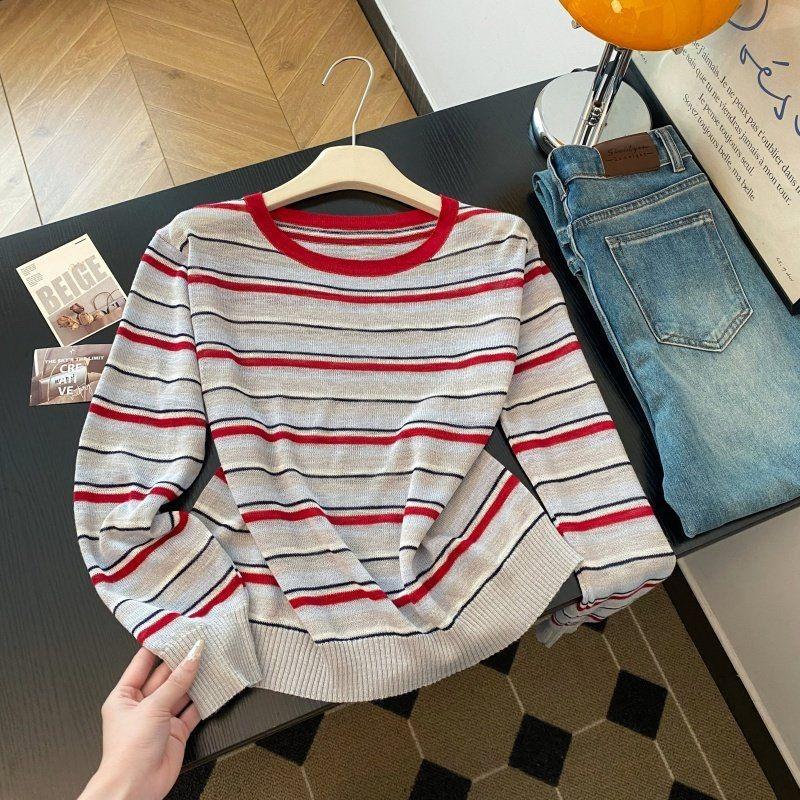 Contrasting Color Retro Striped Loose Thin Round Neck Long-sleeved Knitted T-shirt Small Shirt Women's Loose Casual Top