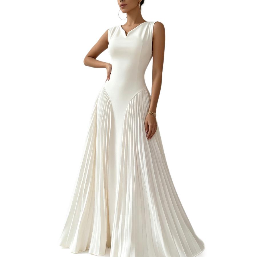 Summer new European and American style white sleeveless pleated splicing dress temperament slim dress dress party