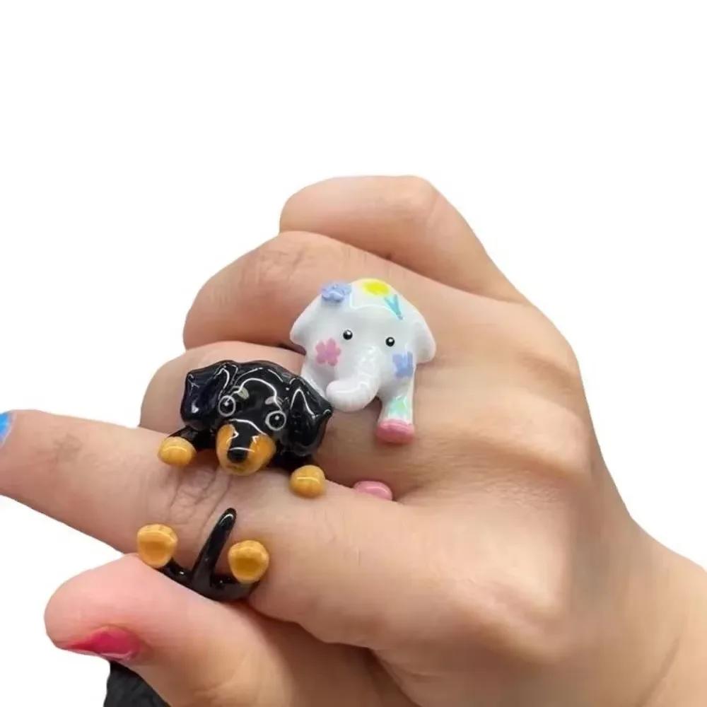 Cute and Romantic Cartoon Black Dog and White Elephant Couple Rings for Women Men Original Design Animals Jewelry Frieng Gift