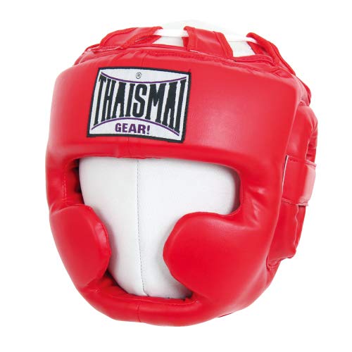 ISAMI BX-90 Thaisamai PU Headguard // ISAMI Headgear Protector Kids  Chin Guard for Boxing, Kickboxing, and Sparring (Small, Red)