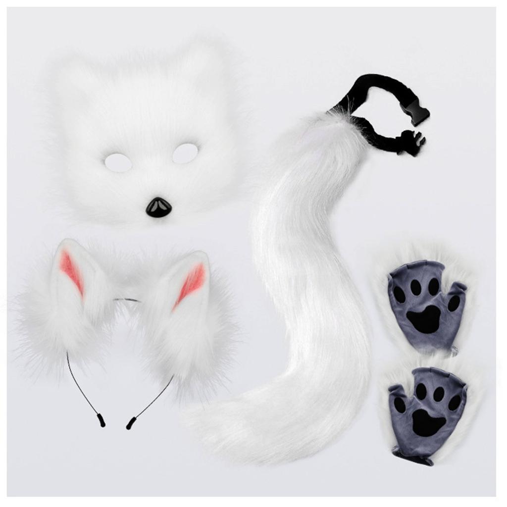 Wolf Foxes Costume with Plush Animal Face Mask, Headband, Plush Glove Animal Tail Costume for Children Adult Halloween