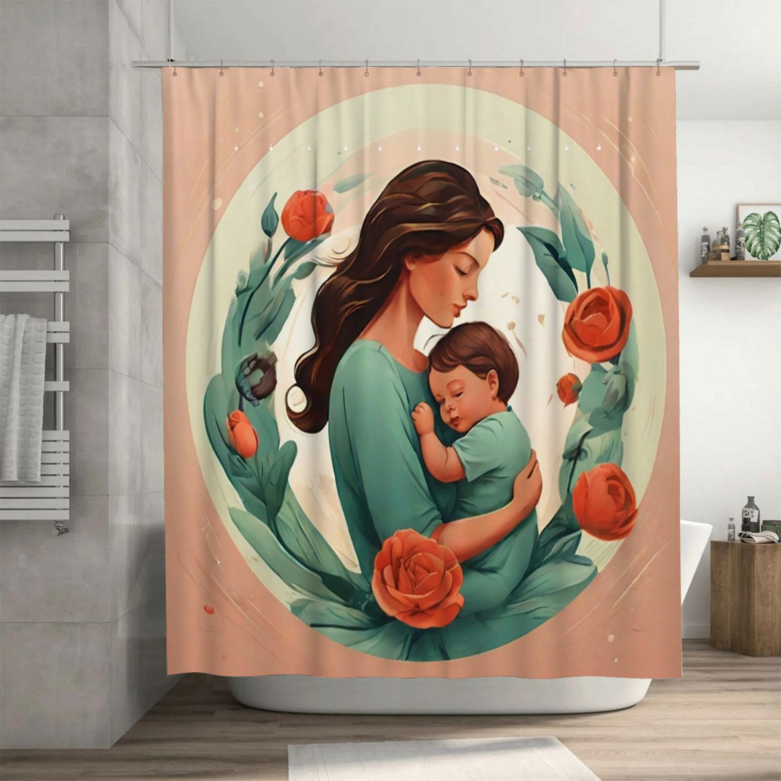 

Heartwarming Mother And Child Rose Shower Curtain - Waterproof, Mildew-Resistant, Machine Washable For Cozy Bathroom Decor W60H190(CM)-1 Pcs
