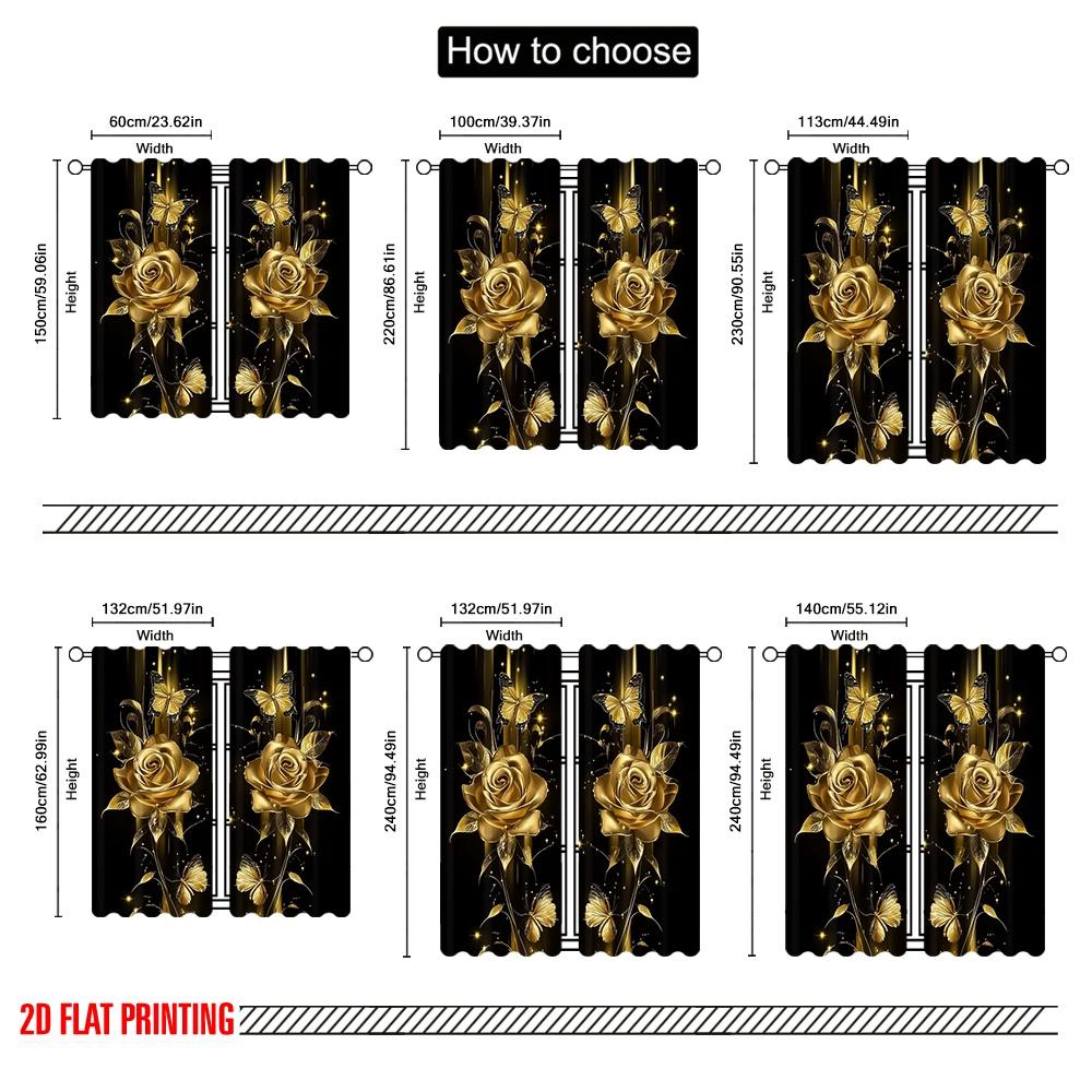 2Pcs 2D Flat PrintingLuxurious Rose Golden Floral And Butterfly Printed Curtain Suitable For Living Room Dining Room Kitchen