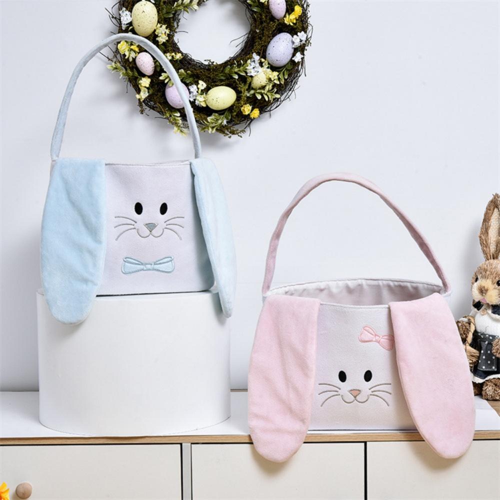 Cute Plush Easter Basket Rabbit Ear Candy Bag with Handle Bunny Storage Bucket Easter Egg Decorations Handbag Gift Bag