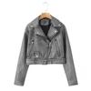 Damska Prana Kurtka Biker ze Sztucznej Skóry Casual Jednokolorowa Zniszczona Kurtka PU Styl Streetwear