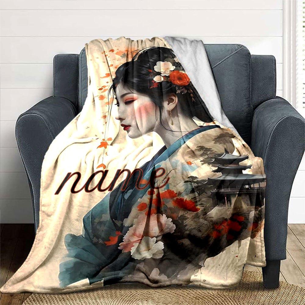 Autumn Kimono Elegance Lightweight Personalized Blanket Customize Text Warmthful Decor For Sofa Couch Office Bed Picnics Ideal For All Seasons Cozy