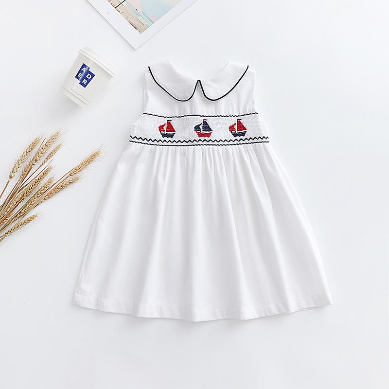 Summer Girls Vintage Embroidered Sailboat Smocked Cotton Sleeveless Princess Dress For Kids 80cm