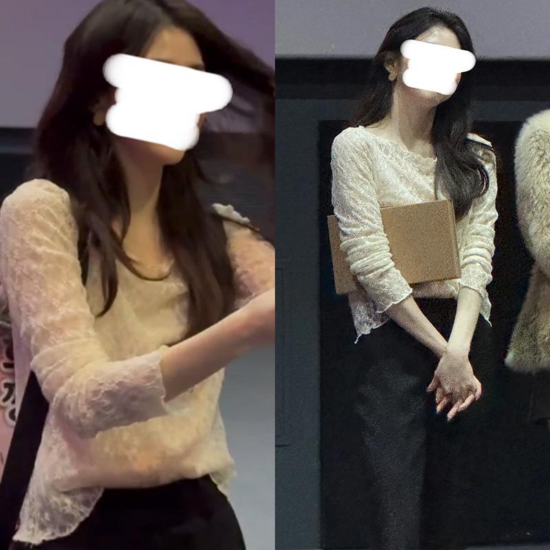 Han So-hee Style Lace Shirt: Fashionable Korean Long-Sleeve Top for Women M (53-58 kg)