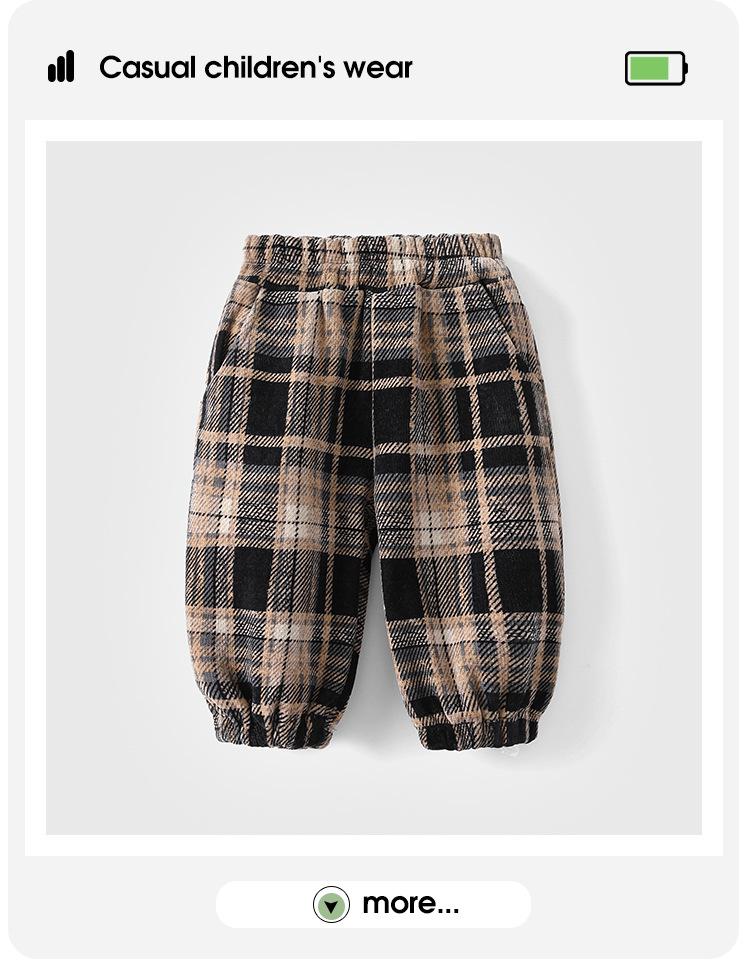Brand Kids' Autumn/Winter Fleece-Lined Plaid Cuffed Pants for Boys - Thick and Warm