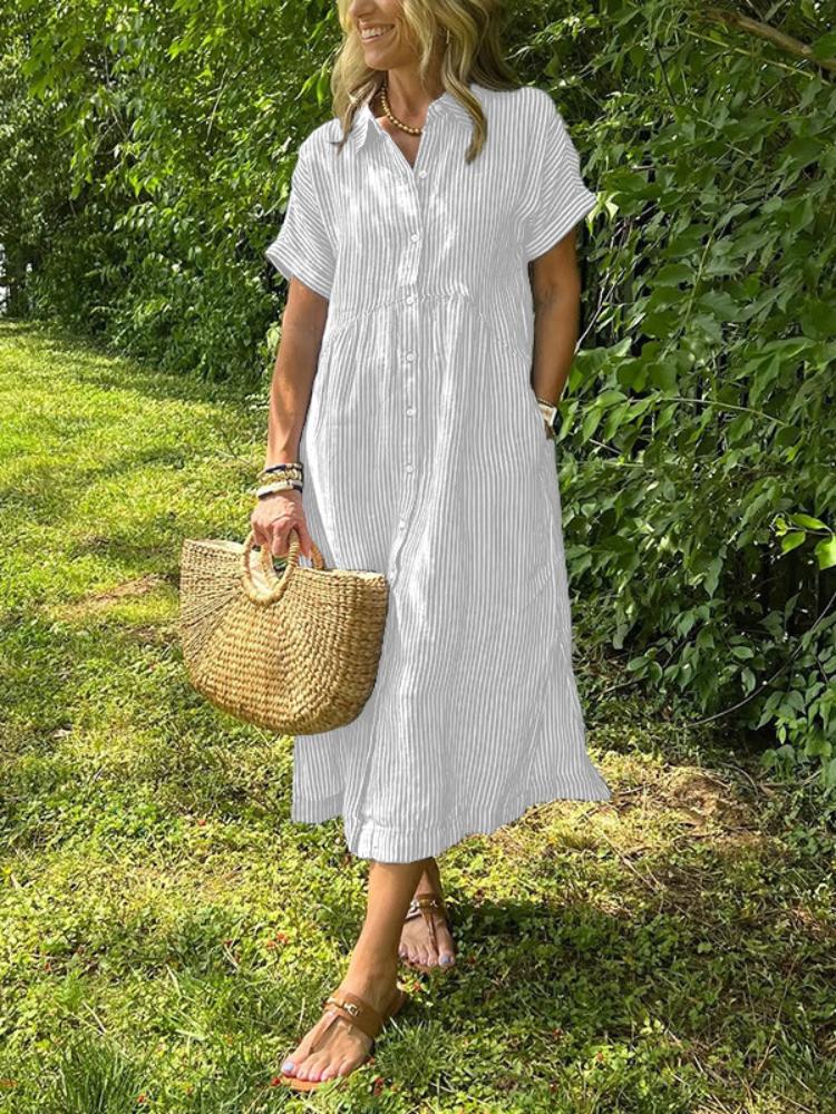 Loose Plus Size Striped Short Sleeved Shirt Dress for Women's Summer New Casual Cotton and Linen Mid Length Skirt