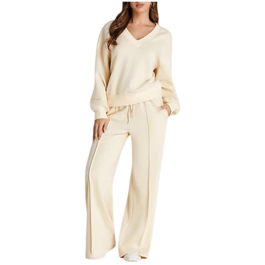 2025 Women's V-Neck Solid Color Casual Suit Set: Sweatshirt & Long Pants - European & American Autumn/Winter Fashion