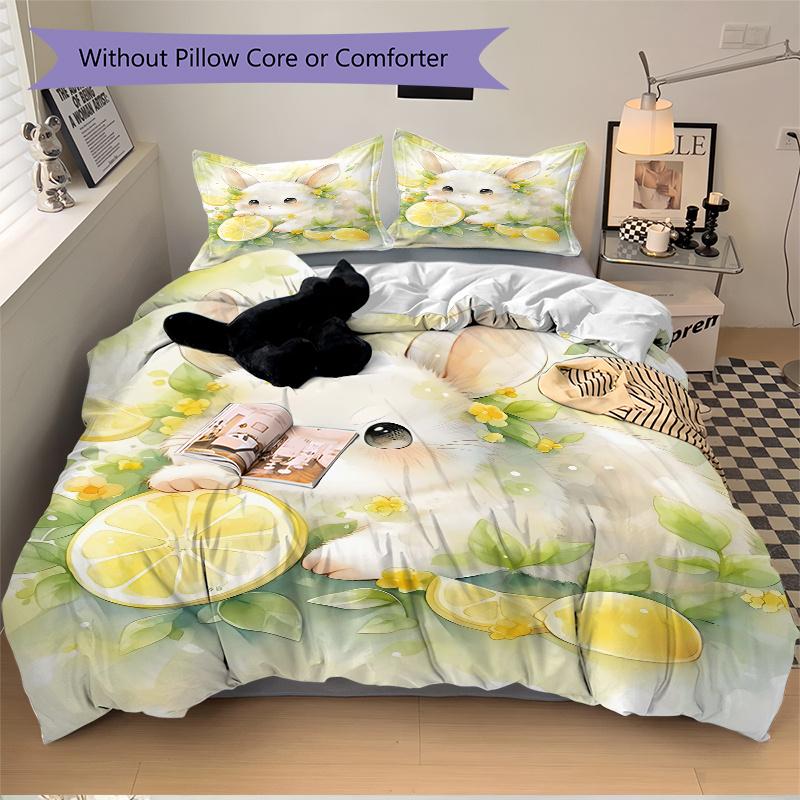 3pcs Lemons and Small Animal Bedding Set, Including 1 Quilt Cover and 2 Pillow Shams, Without Filling, Soft and Comfortable Home Bedroom Fab