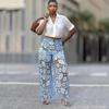 Lace Patchwork Plus Size Vintage Floral High Waist Casual Loose Women Summer Jeans Denim Wide Leg Pants