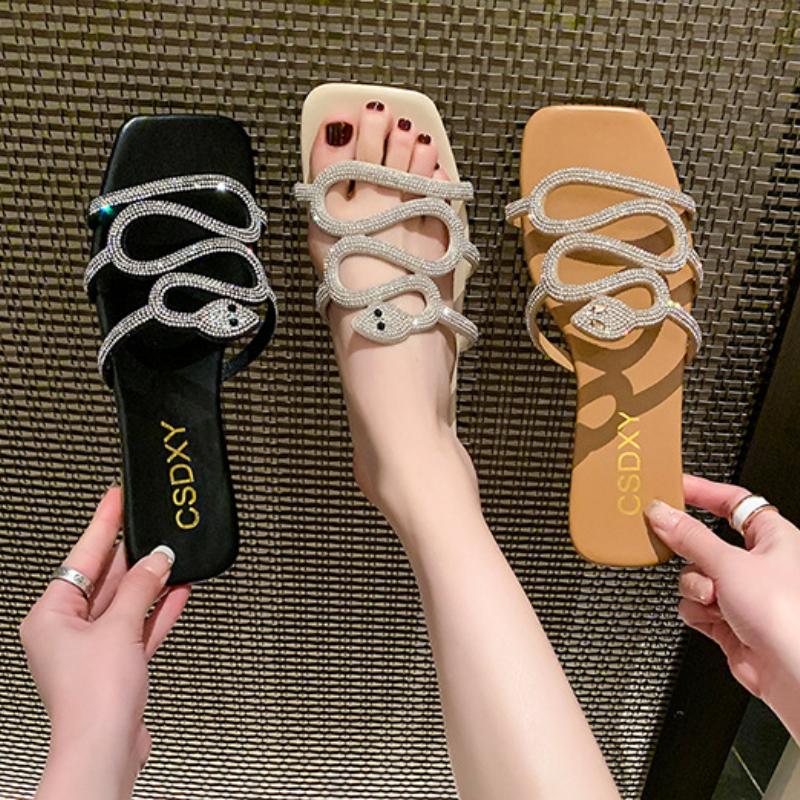 Ladies Slippers  Rhinestone Flat Sandals Serpentine Pattern Sandals